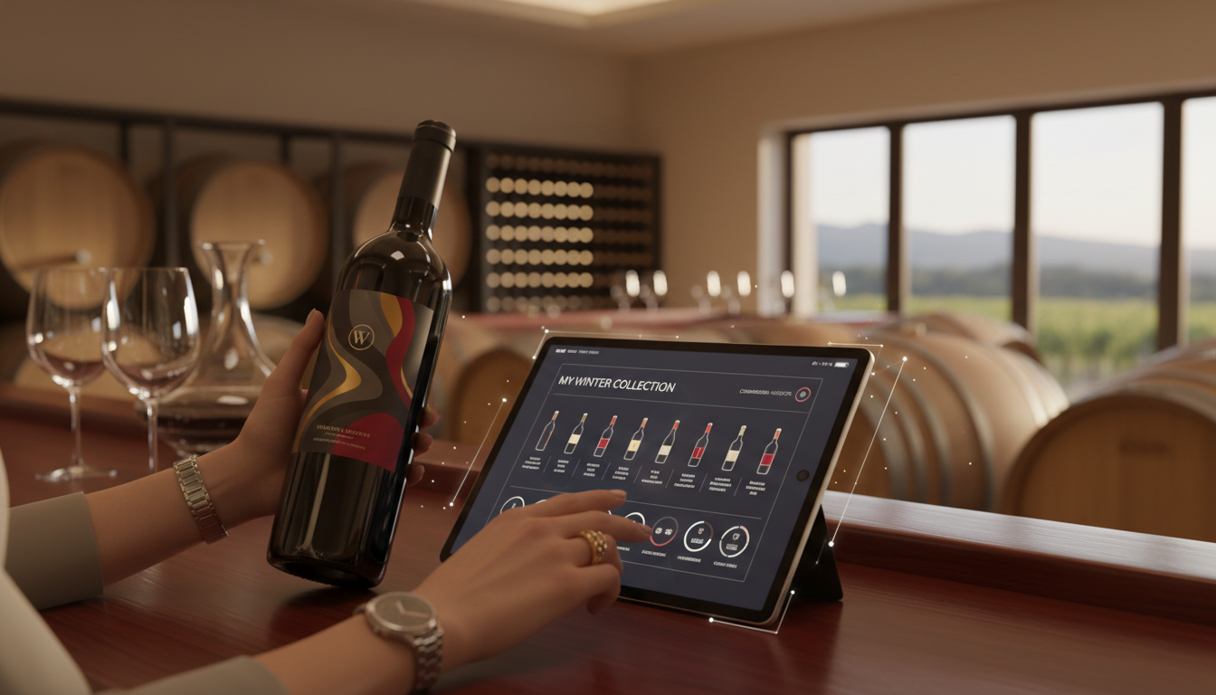 Staff curating a wine collection on a tablet in the barrel room
